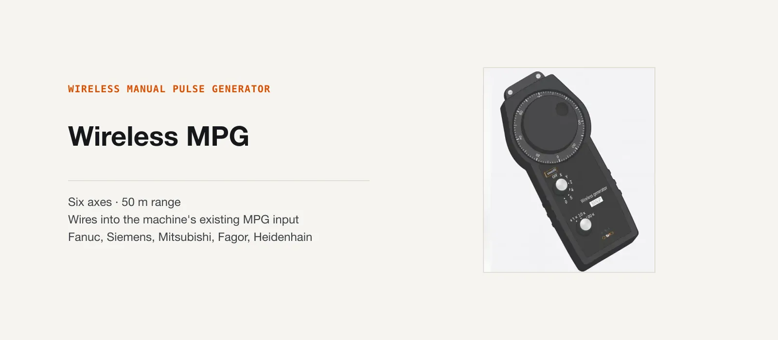 AMAG wireless MPG pendant: graduated handwheel, axis-select switch and step multiplier switch