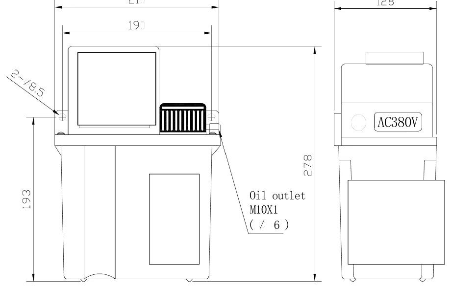 2 L reservoir: overall and mounting dimensions